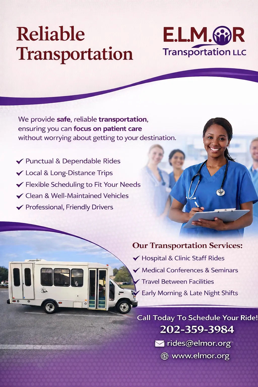 Transportation service advertisement with smiling nurse.