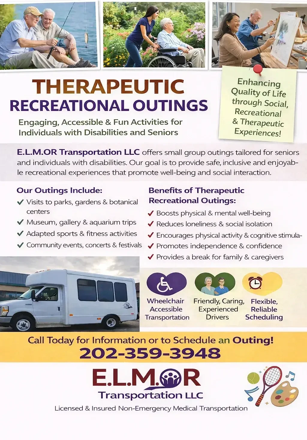 Therapeutic outings flyer for seniors and individuals.
