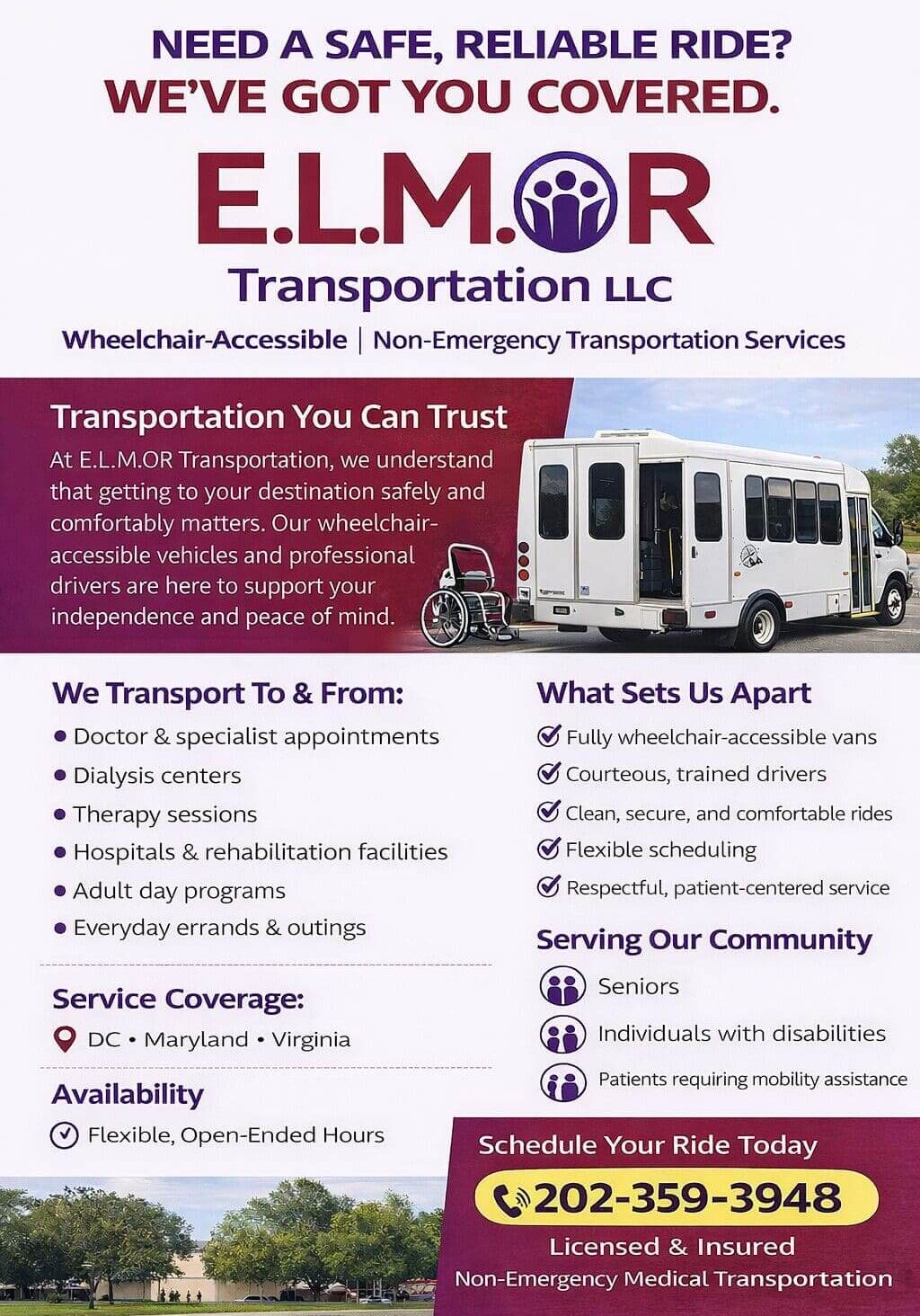 Transportation services advertisement with contact information.